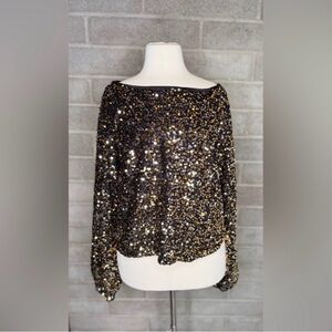 Black & Gold Sequin Boatneck Long-Sleeve Top